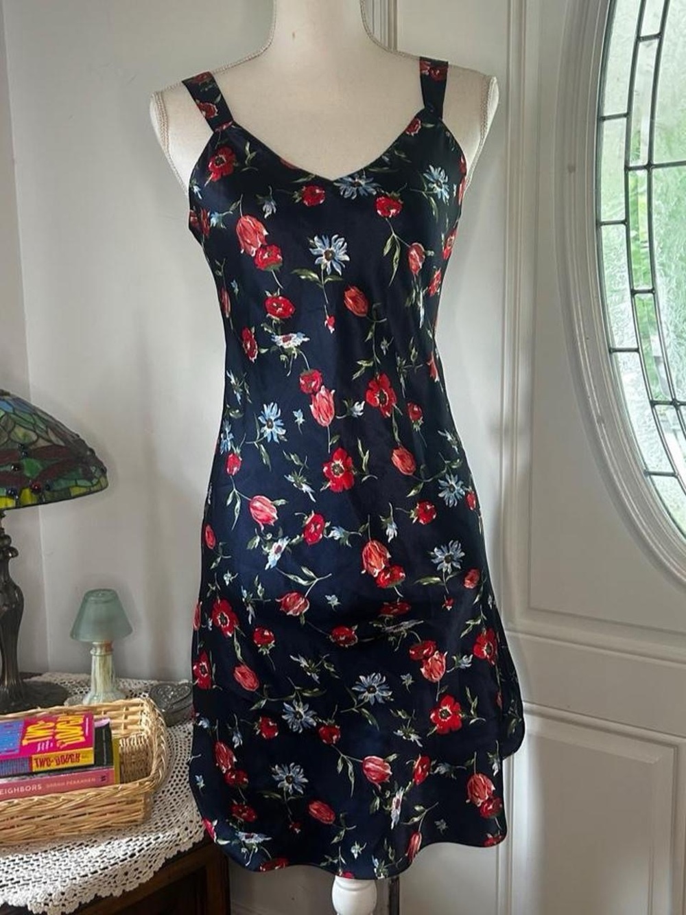 Floral Satin Slip Dress in Navy with Red Floral Print
